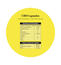 Nutritional information graphic for CBD capsules, showing typical values per capsule including 10mg CBD, inulin content and calorie breakdown on a yellow background