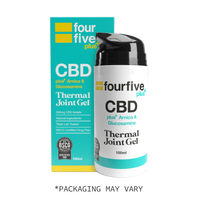 Fourfive Plus CBD Thermal Joint Gel with arnica and glucosamine, shown in a 100ml pump bottle alongside its branded packaging