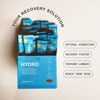 Packaging of 'Everyday Recovery Hydro' with text highlighting benefits on a light background