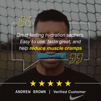 Man with a hydration sachet and Nike logo, with text about product benefits.