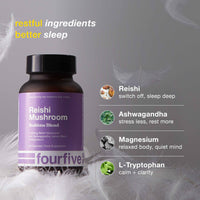 Supplement bottle labeled 'Reishi Mushroom Bedtime Blend' with ingredients listed on a soft, neutral background.