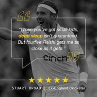 Black and white image of a cricketer with text overlay and five-star rating.